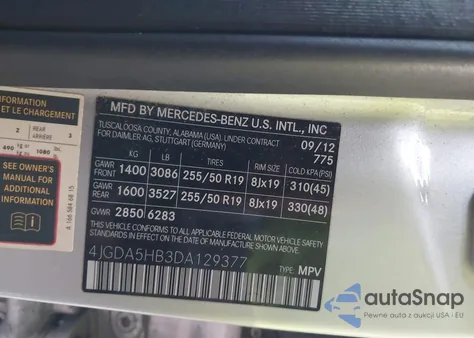 2013 Mercedes-Benz Ml 350 4Matic из США, поврежденный, VIN 4JGDA5HB3DA129377